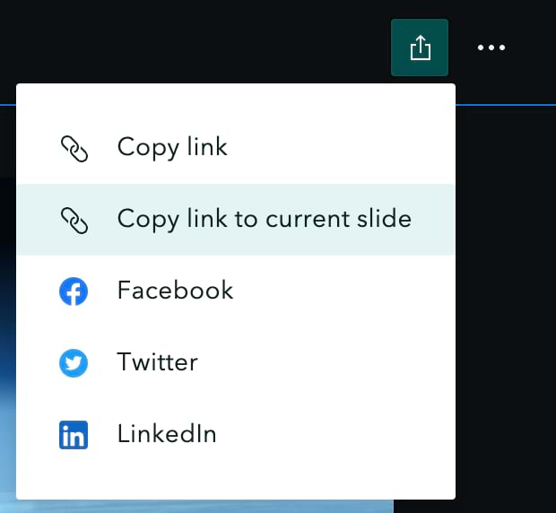 The "More actions" menu in briefing header is shown highlighting the new option to "Copy link to current slide"